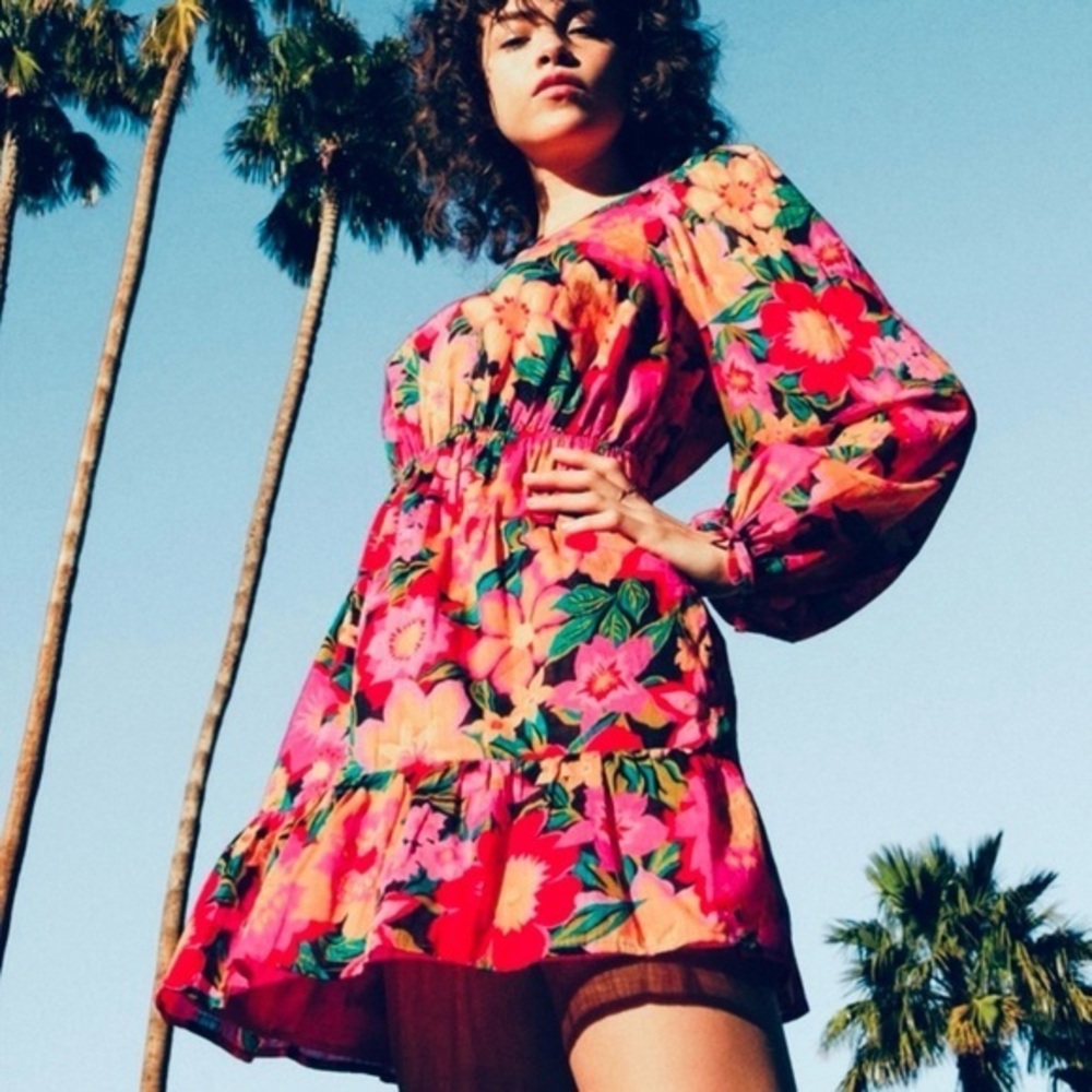 [Billabong] Heaven Sent Cotton Floral Open Back Tiered Ruffle Dress